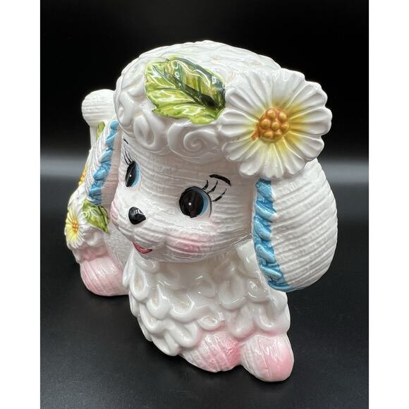 Vintage Lefton White Poodle Dog with Daisy Flowers Ceramic Planter Japan 6189 - Picture 4 of 11